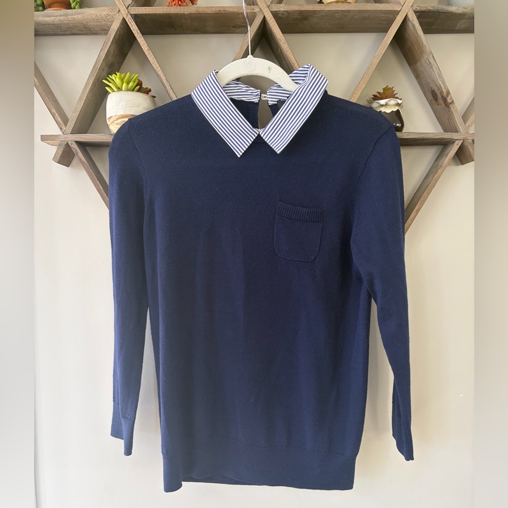 J. Crew Navy 100% Merino Wool Crewneck Sweater with Striped Faux Collar attached